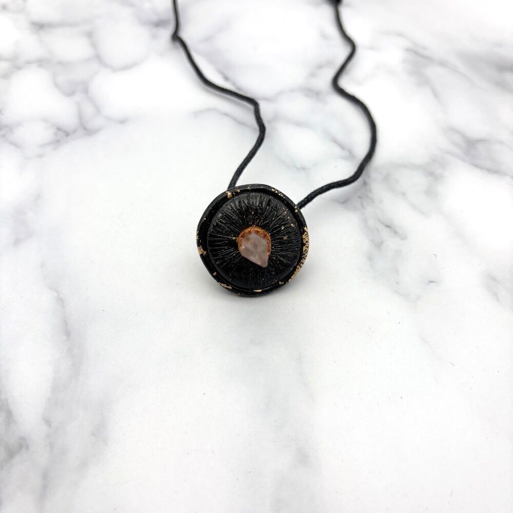 Black Mushroom Necklace with Quartz Crystal | Gold Leaf Polymer Clay Pendant - Picture 10 of 10